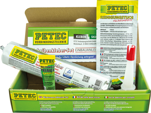 Scheibenkleber-Set Schlauchbeutel 400 ml, Multiaktiv Primer Kombistick 10 ml, Reinigungstuch, höhenverstellbare Düse